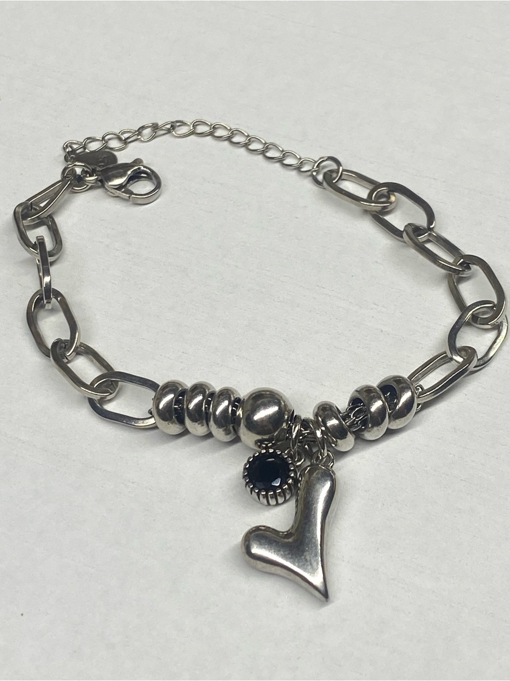 Sterling Silver Heart Charm Bracelet with Black Accent